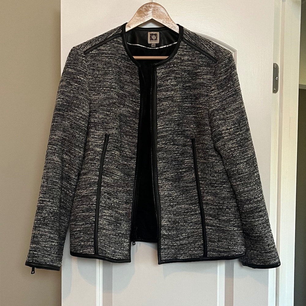 Anne Klein Women’s Jacket - Blue/Black Space Dye with Faux Leather Trim- Size 14